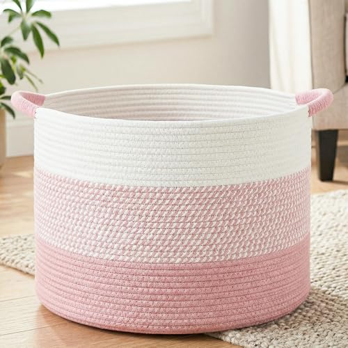 70L Large Cotton Rope Basket - Woven Blanket & Toy Storage Hamper, Pink