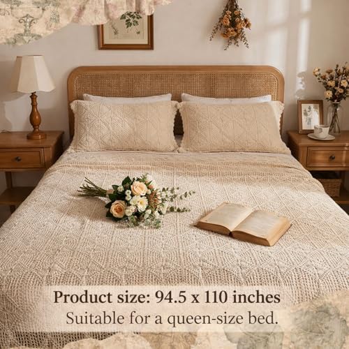 Large Vintage Beige Lace Crochet Bedding Set with Pillowcases