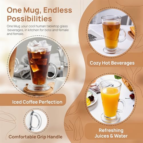 WUWEOT 6 Pack 9oz Irish Coffee Glass Mugs with Handle - Hot & Cold Drinkware