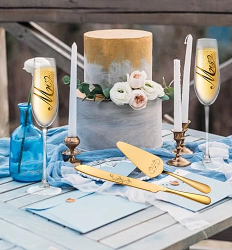 Mr and Mrs Champagne Flutes & Wedding Cake Knife Set (Gold, 4 Pieces) - Bltnever