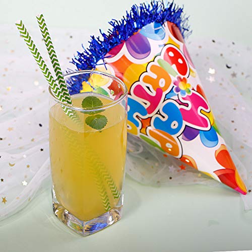 Webake Green Chevron Paper Straws 100ct 7.75in Biodegradable, Disposable, Wave Pattern