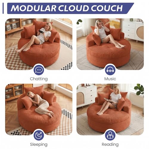 Oversized 54-inch Round Corduroy Floor Chair, Convertible Deep Seat Lounge