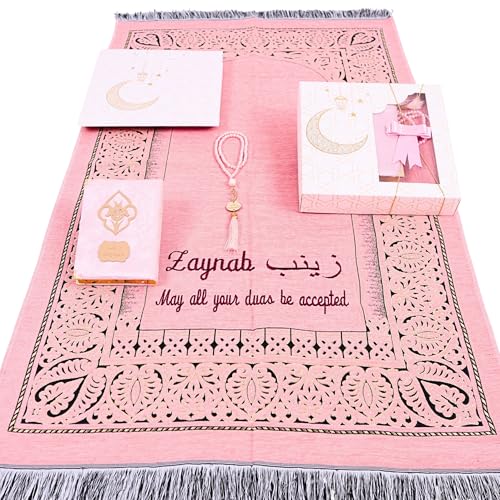 Personalized Prayer Rug and Quran Gift Set with Prayer Beads