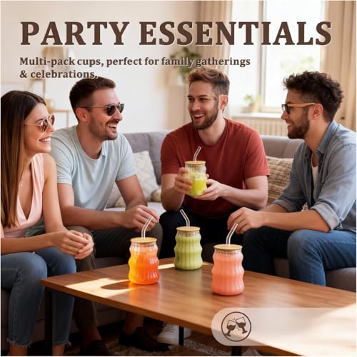 8 oz Ribbed Glass Tumbler Set with Bamboo Lids and Straws - 4 Pack