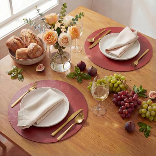 Artoid Mode Red Faux Leather Round Placemats Set of 6, 15-Inch Reversible Waterproof Dinner Table Decor