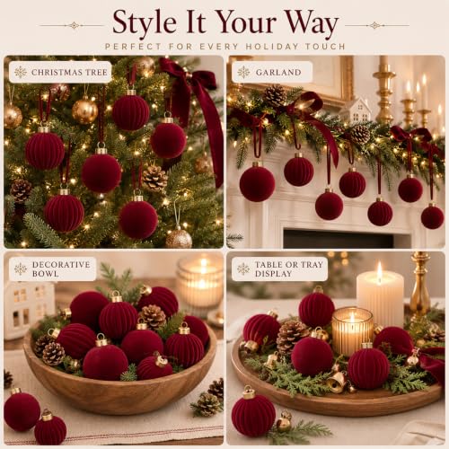 Pinkunn 24 pcs Burgundy Velvet Christmas Ornaments 2.36 Inch - Elegant Holiday Decor Set