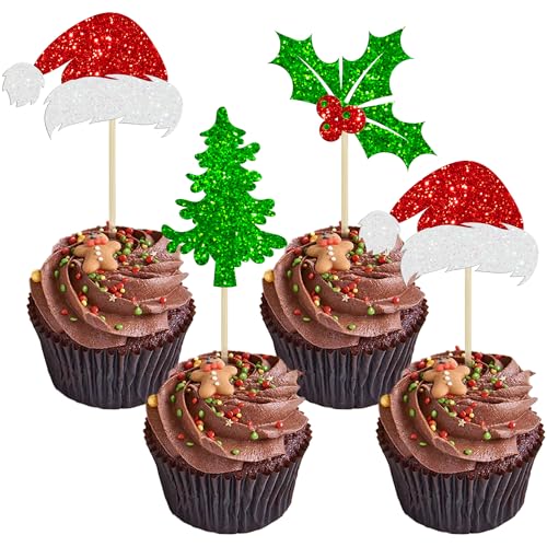 Ephlyn 24Pcs Christmas Santa Hat Cupcake Toppers Multicolor Glitter Holly Leaves Berries – Party Picks