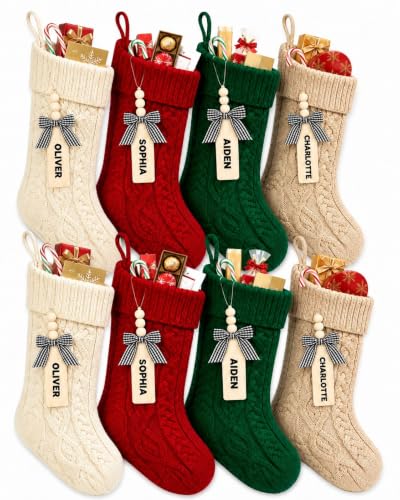 8-Pack 18 Inch Personalized Knit Christmas Stockings with Wooden Name Tags - Red, White, Green, Khaki
