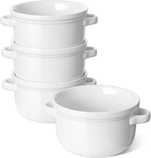 LE TAUCI Soup Bowls - 28 oz Ceramic Crocks With Handles | Oven & Microwave Safe - Set of 4, White