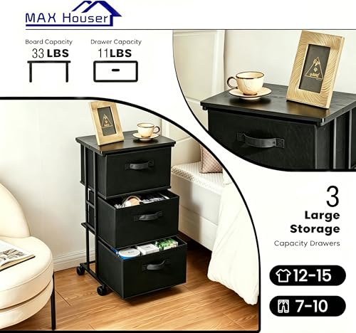 3-Drawer Fabric Storage Tower - Rolling Slim Dresser Organizer (Black)