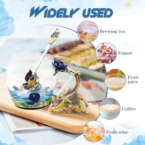 VANUODA Blue Enamel Butterfly Flower Tea Cup - 12oz Glass Coffee Mug for Women & Gifts