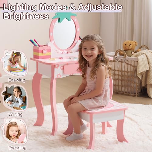 Kids Vanity Table and Chair Set with Fruit Print and Storage