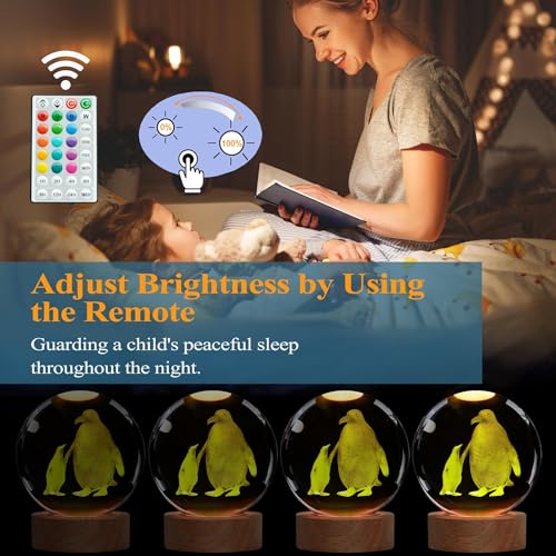 3D Penguin Crystal Ball Night Light with 16-Color LED Remote Control Base