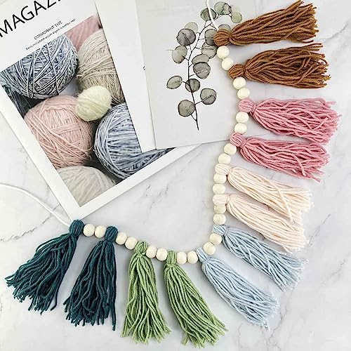 Boho Rainbow Tassel Garland with Wood Beads for Nursery and Home Decor