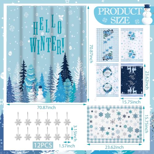 Blue Christmas Shower Curtain Set with Hooks Towels Rug - Let It Snow