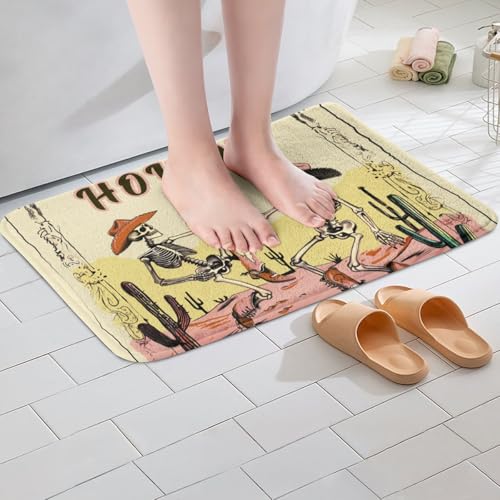 Western Cowboy Skeleton Bath Mat - Kids Bathroom Rug, Non-Slip Plush Floor Decor, 20x32 Inches