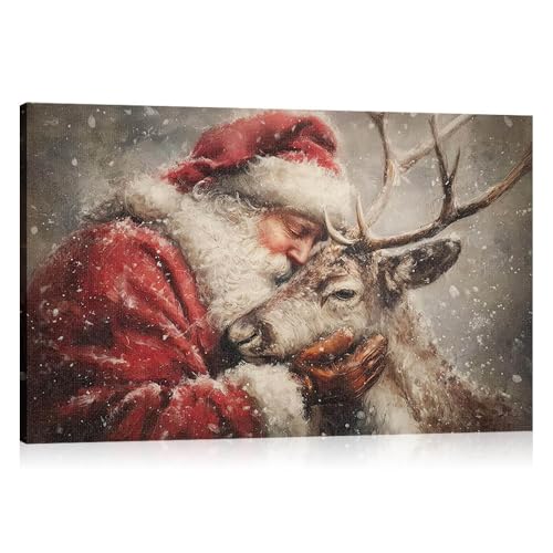 Vintage Santa and Reindeer Christmas Wall Art Canvas Print 16x12in Framed