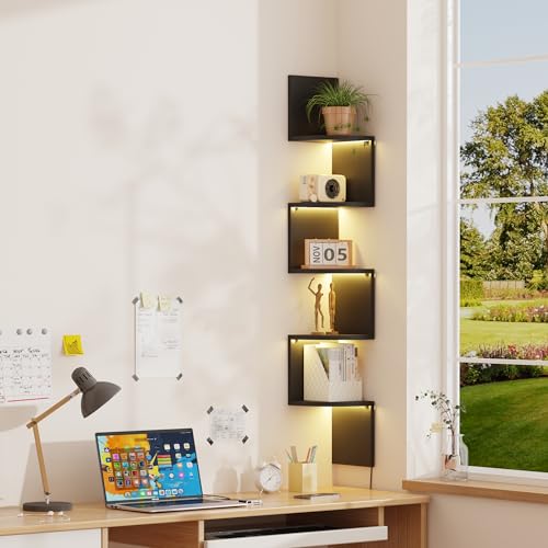 5-Tier Corner Wall Shelf with RGB LED Lighting, 49-Inch Floating Display