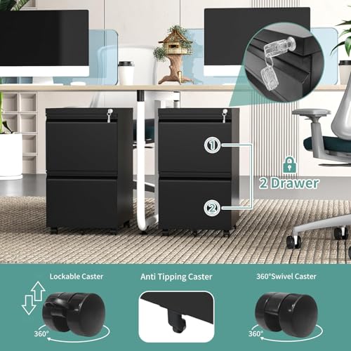 2-Drawer Locking File Cabinet, Heavy-Duty Metal Rolling Office Storage