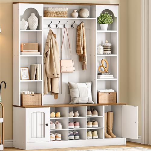 51-Inch Hall Tree with Bench and Shoe Storage, Entryway Coat Rack Organizer