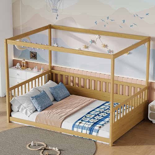 Full Size Montessori Floor Bed Frame with Canopy and Safety Guardrails