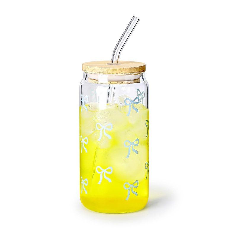 Koythin Glass Cups with Lids and Straws, Adorable Iced Coffee Tumbler for Tea Milk Smoothie Latte Juice, Bow Tie Glasses Drinking Set for Mom Girl Women, 17 oz/480 ml (Blue)