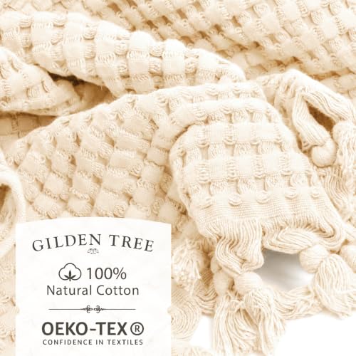 Waffle Weave Hand Towels with Tassel Fringe, 20x35 Inch, 2 Pack, Cream