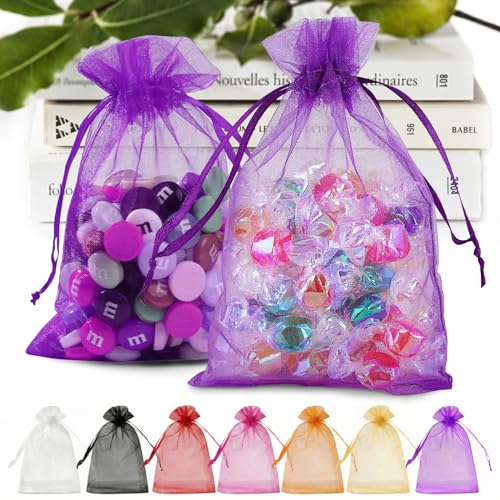 ANZNKU 100 Pcs Purple Organza Bags 5 x 7 in – See-Through Gift Drawstring Bags