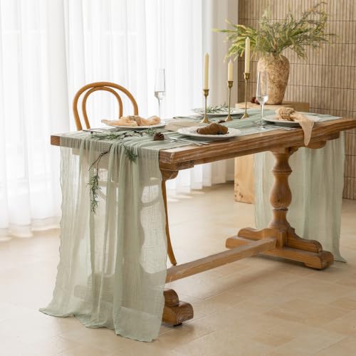 Sage Green Cheesecloth Table Runner - 120 Inch Rustic Boho Gauze Decor