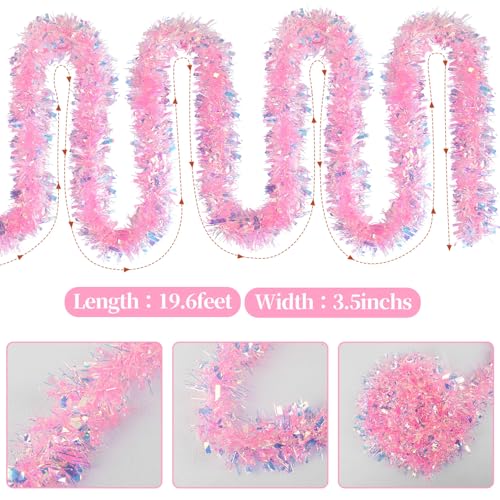 Pink Tinsel Garland 17ft Glittering Holiday Decoration for Christmas Tree