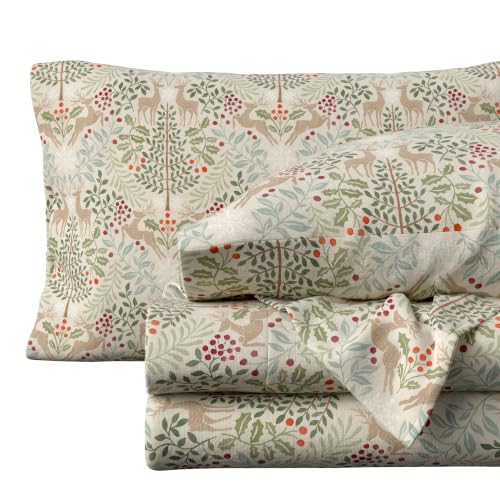 Great Bay Home Woodland Deer 100% Cotton Christmas Flannel Sheet Set – King, 4-Piece, 15