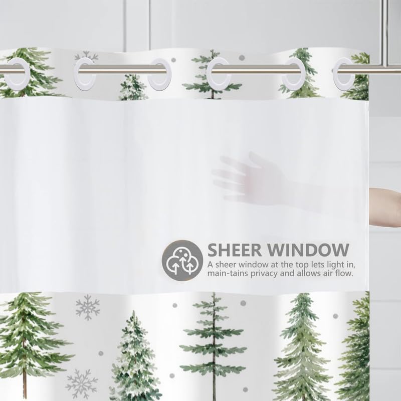 Leowefowa 71"x74" No-Hook Christmas Pine Tree Shower Curtain with Snap-In Liner, Waterproof Polyester Holiday Bath
