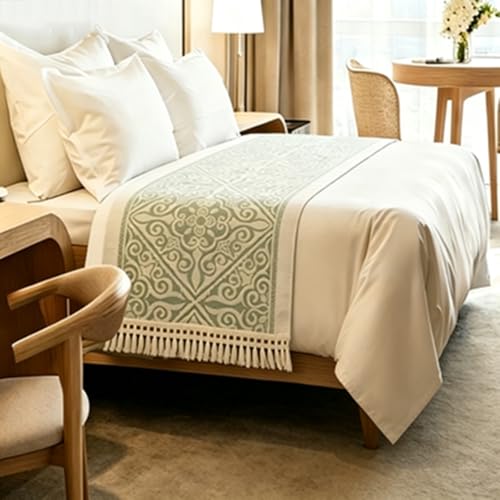 Waterproof Faux Linen Bed Runner with Tassels - Scandinavian Jacquard Bed Scarf