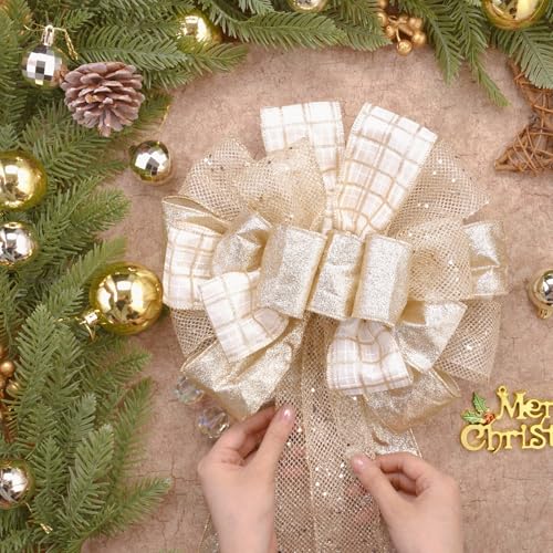 Champagne Gold Christmas Tree Topper Bow with Glitter Mesh Streamer 40in - 12in Diameter, Circle Variation