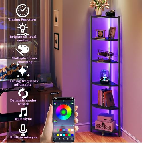 6-Tier Corner Bookshelf with LED Lights, Industrial Steel Display Stand
