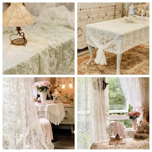 White Lace Tablecloth 5 Pieces 60x120 Inches Embroidered Floral Design