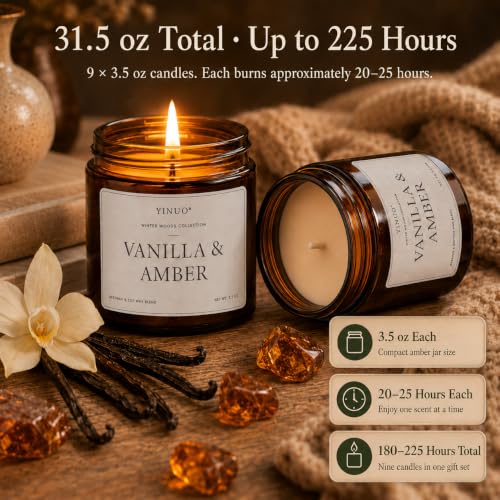 YINUO Winter Woods Scented Candle Gift Set - Forest Green 9 Pack, 3.5oz Amber Jars