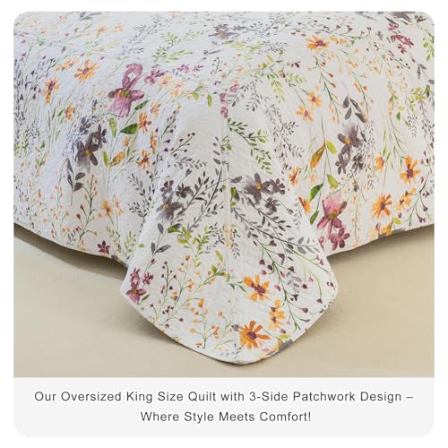 QSH 100% Cotton Oversized King Floral Quilt Bedspread Set, 3-Piece