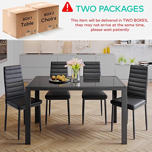 5-Piece Modern Dining Set with Glass Table and 4 Cushioned PU Leather Chairs