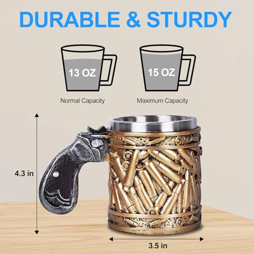 15oz Stainless Steel Gun Mug with Pistol Grip Handle and Bullet Design