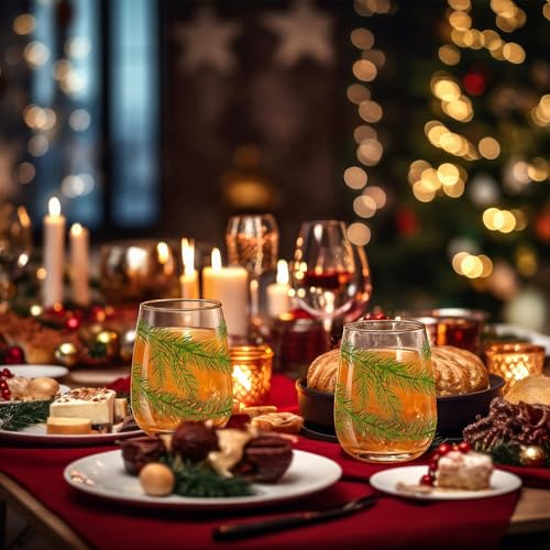 Maxcheck Pine Needle 6-Pack 18 oz Stemless Christmas Wine Glasses Set