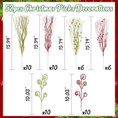 52Pcs Christmas Tree Decorations Red Green Artificial Glitter Picks Sprays Berry Stems Curly Ornaments Xmas Winter Holiday Vase Filler Tree Topper Home Table Decor
