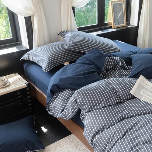 Reversible Navy Blue Striped Queen Duvet Cover Set - 100% Washed Cotton 3-Piece