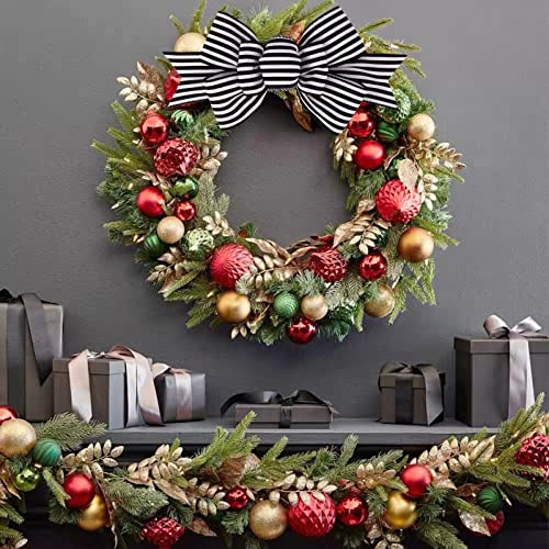 Black and White Striped Christmas Burlap Bows for Wreaths & Trees (2 Pack)