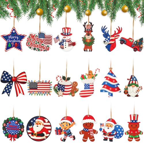36PCS Patriotic Wooden Christmas Ornaments - Red White Blue Holiday Decor