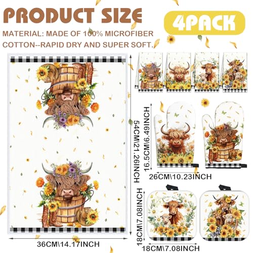 8-Piece Sunflower Highland Cow Kitchen Set: Towels, Oven Mitts & Pot Holders