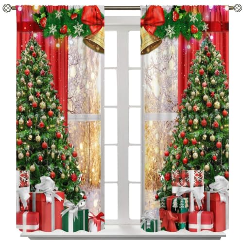 TYVGICZ Christmas Window Curtains 42x45 Inch Pack of 2 - Bell Snow Tree Holiday Drapes