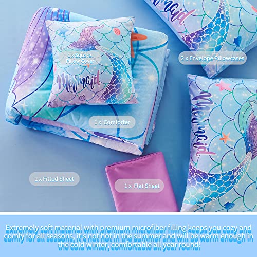 6-Piece Mermaid Tail Comforter Set - Twin Size Colorful Fish Scale Bedding