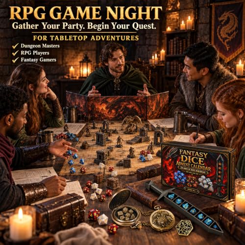 DND Dice Advent Calendar 2026 with Pocket Watch and Dragon Pins for RPG Fans