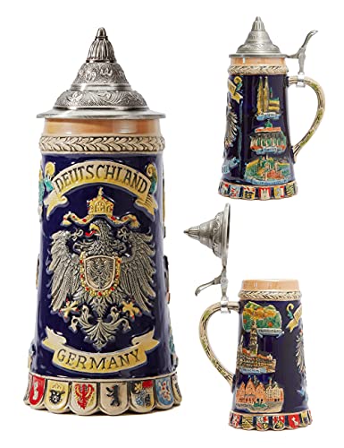 Ceramic German Beer Stein with Pewter Lid 0.6L Viking Tankard Mug